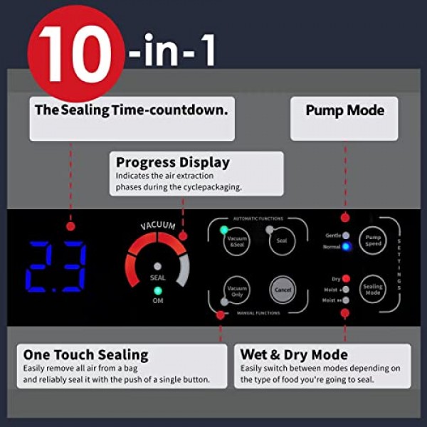 진공 실러 기계, ETL 테스트 및 인증 95KPA 디지털 디스플레이 식품 실러, 내장형 커터 및 백 보관함(최대 20피트 길이), 백 롤 2개(11x16' 및 8x16' 포함), 자동 및 수동 옵션 