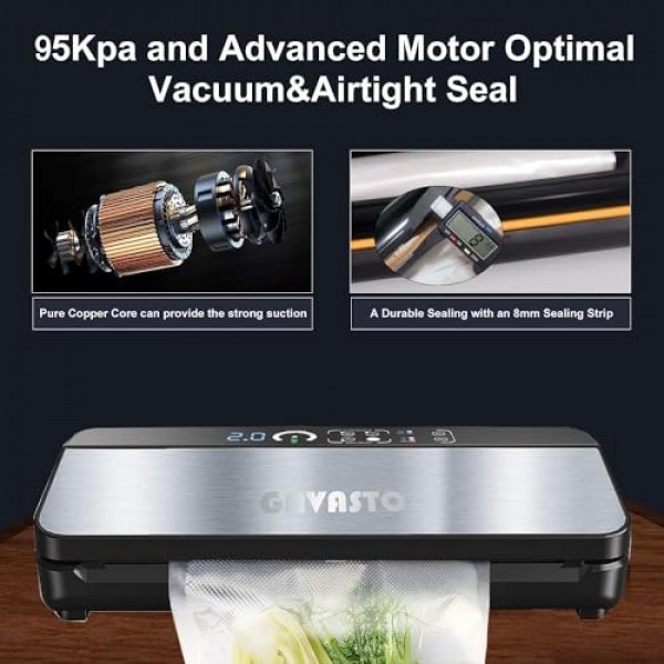 진공 실러 기계, ETL 테스트 및 인증 95KPA 디지털 디스플레이 식품 실러, 내장형 커터 및 백 보관함(최대 20피트 길이), 백 롤 2개(11x16' 및 8x16' 포함), 자동 및 수동 옵션 