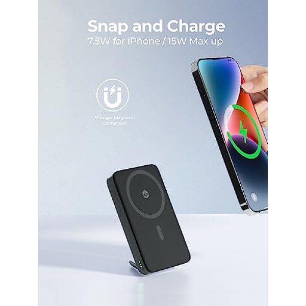 MagSafe용 AMEGAT 마그네틱 배터리 팩 10000mAh, 30W USB-C 고속 충전 기능을 갖춘 접이식 킥스탠드 무선 휴대용 충전기, iPhone 15/15 Plus/15 Pro/15 Pro Max, iPhone 14/13/12 시리즈 전용