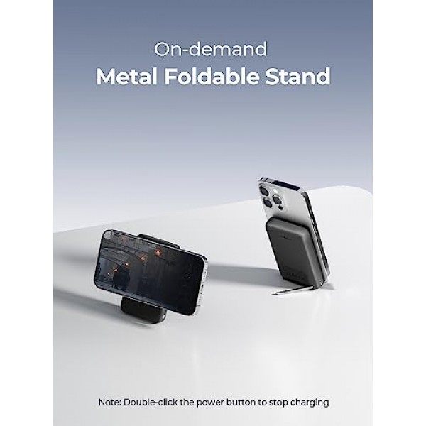 MagSafe용 AMEGAT 마그네틱 배터리 팩 10000mAh, 30W USB-C 고속 충전 기능을 갖춘 접이식 킥스탠드 무선 휴대용 충전기, iPhone 15/15 Plus/15 Pro/15 Pro Max, iPhone 14/13/12 시리즈 전용