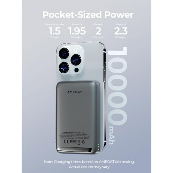 MagSafe용 AMEGAT 마그네틱 배터리 팩 10000mAh, 30W USB-C 고속 충전 기능을 갖춘 접이식 킥스탠드 무선 휴대용 충전기, iPhone 15/15 Plus/15 Pro/15 Pro Max, iPhone 14/13/12 시리즈 전용