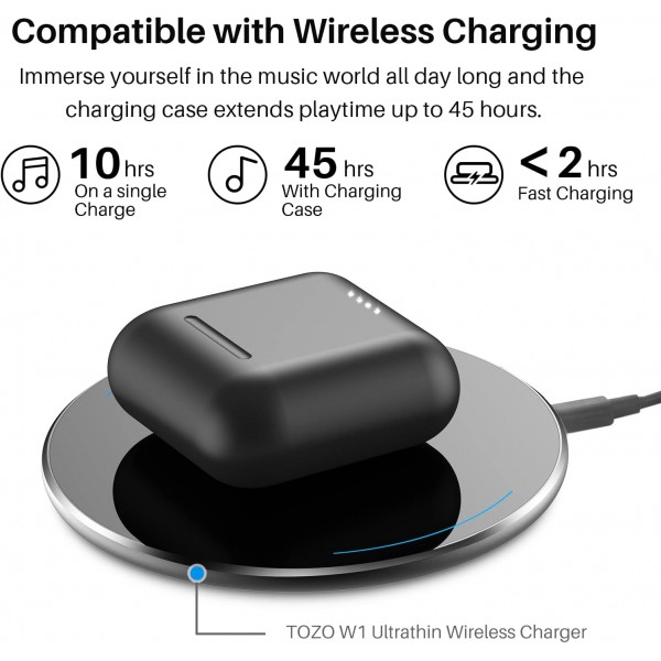 TOZO T6 True Wireless 이어버드 Bluetooth-Kopfhörer 터치 컨트롤 무선 충전 케이스 IPX8 wasserdichte Stereo-Ohrhörer In-Ear-Headset Premium Deep Bass Schwarz Black