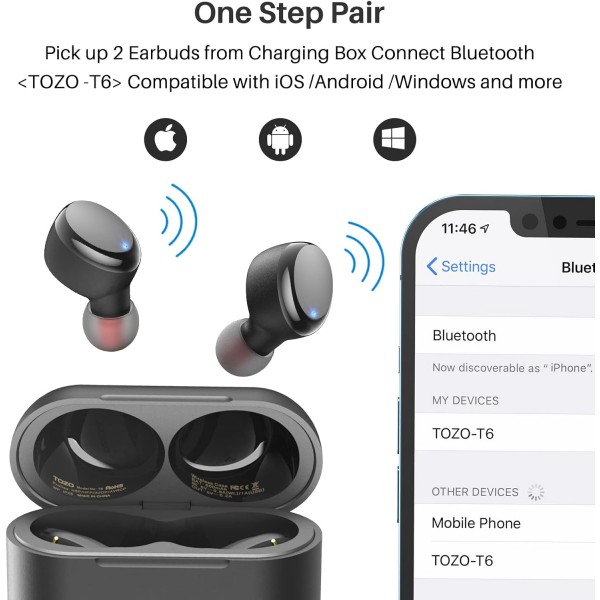 TOZO T6 True Wireless 이어버드 Bluetooth-Kopfhörer 터치 컨트롤 무선 충전 케이스 IPX8 wasserdichte Stereo-Ohrhörer In-Ear-Headset Premium Deep Bass Schwarz Black