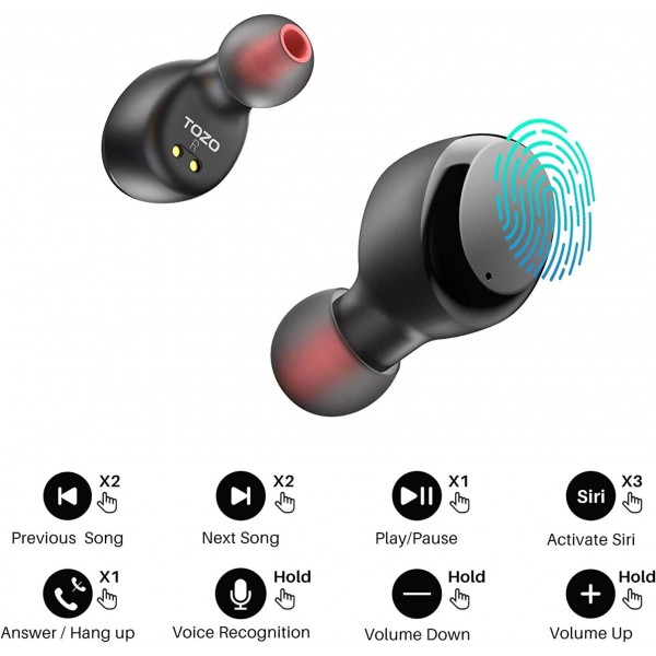 TOZO T6 True Wireless 이어버드 Bluetooth-Kopfhörer 터치 컨트롤 무선 충전 케이스 IPX8 wasserdichte Stereo-Ohrhörer In-Ear-Headset Premium Deep Bass Schwarz Black