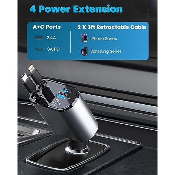 듀얼 접이식 케이블이 포함된 차량용 충전기 4 in 1 듀얼 포트 USB C PD 고속 충전 차량용 시가 라이터 어댑터(전압 디스플레이 포함) iPhone 14 13 Pro Max, iPad, Samsung과 호환 