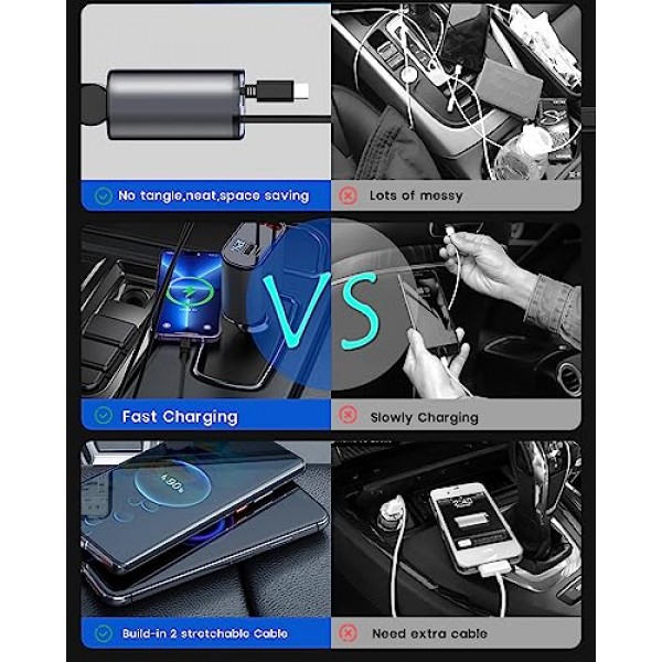 듀얼 접이식 케이블이 포함된 차량용 충전기 4 in 1 듀얼 포트 USB C PD 고속 충전 차량용 시가 라이터 어댑터(전압 디스플레이 포함) iPhone 14 13 Pro Max, iPad, Samsung과 호환 