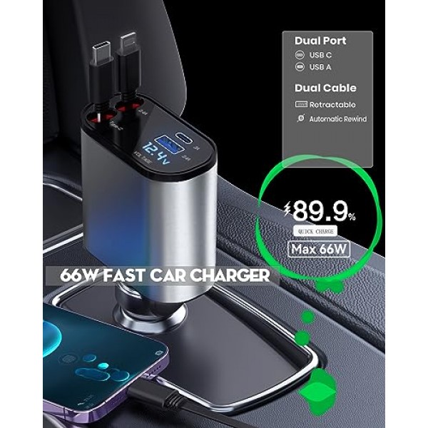 듀얼 접이식 케이블이 포함된 차량용 충전기 4 in 1 듀얼 포트 USB C PD 고속 충전 차량용 시가 라이터 어댑터(전압 디스플레이 포함) iPhone 14 13 Pro Max, iPad, Samsung과 호환 