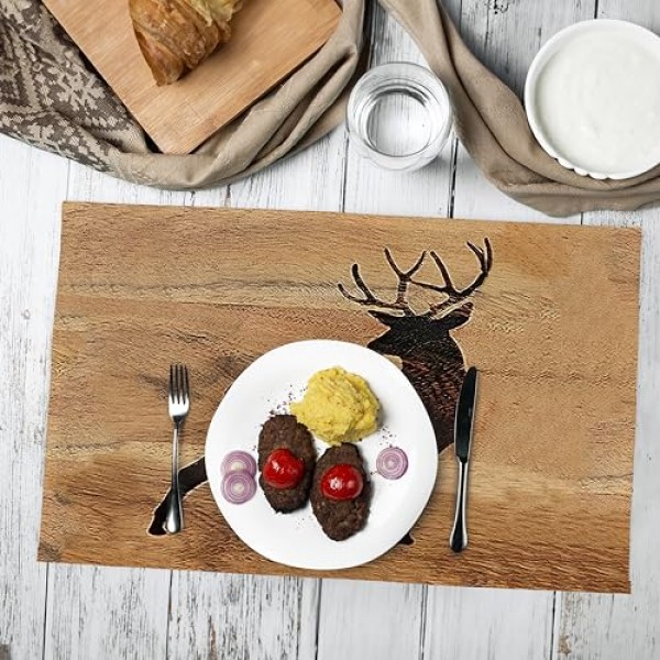 GICHUGI 러스틱 롯지 베어 디어 무스 플레이스매트 4개 세트, 소박한 캐빈 장식, 롯지 캐빈 장식, 야생동물 소박한 테이블 매트 주방 식탁 장식용 장소 매트 12x18인치