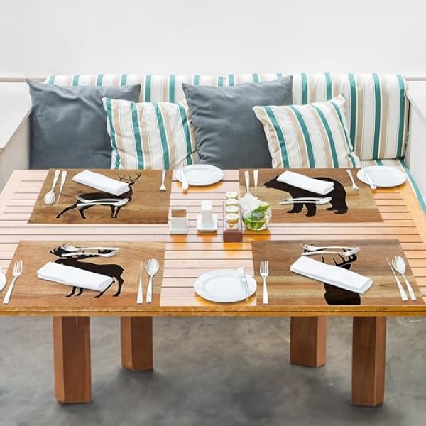 GICHUGI 러스틱 롯지 베어 디어 무스 플레이스매트 4개 세트, 소박한 캐빈 장식, 롯지 캐빈 장식, 야생동물 소박한 테이블 매트 주방 식탁 장식용 장소 매트 12x18인치