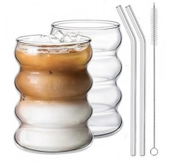 Ework4U 2 Pcs 유리 빨대 14oz 유리 세트, 칵테일 잔, 아이스 커피 잔, 맥주 잔, 물, 소다, 차, 선물에 이상적-청소 브러쉬 포함
