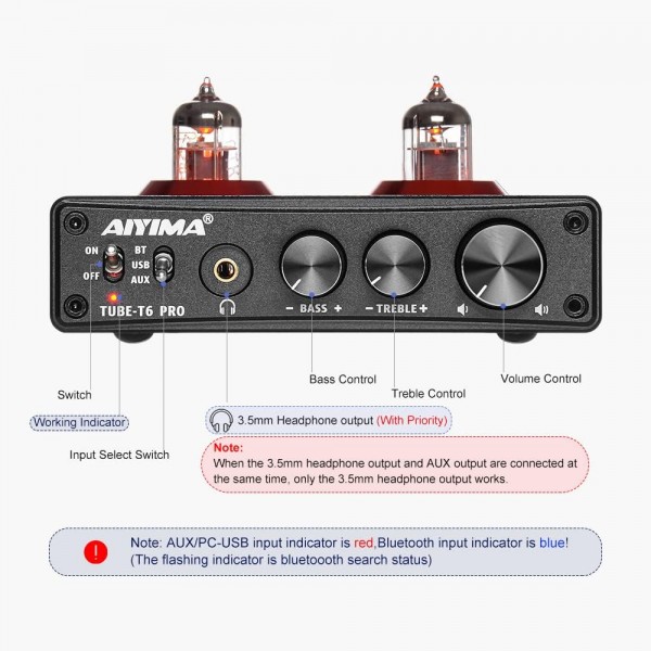 Aiyima t6pro qcc3008 블루투스 5.0 튜브 프리 앰프 hifi 헤드폰 앰프, PC-USB 24bit/192 khz dac aptx, 가정용 오디오 디코더 프리 앰프