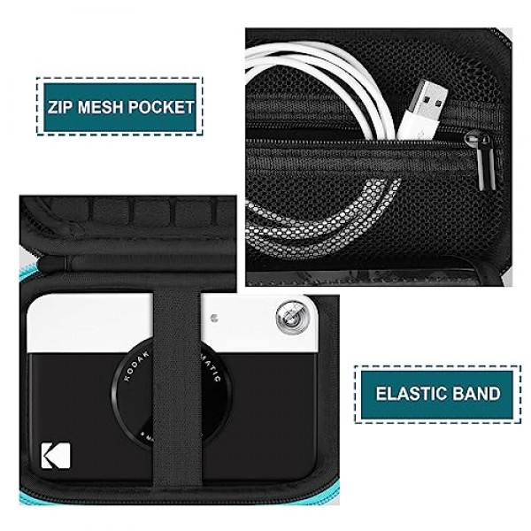 KODAK Printomatic 휴대용 디지털 즉석 인쇄 카메라용 하드 여행용 케이스, USB 케이블 인화지용 메쉬 포켓이 있는 보호 파우치 커버 휴대용 가방, 검정색