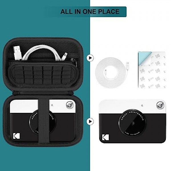 KODAK Printomatic 휴대용 디지털 즉석 인쇄 카메라용 하드 여행용 케이스, USB 케이블 인화지용 메쉬 포켓이 있는 보호 파우치 커버 휴대용 가방, 검정색