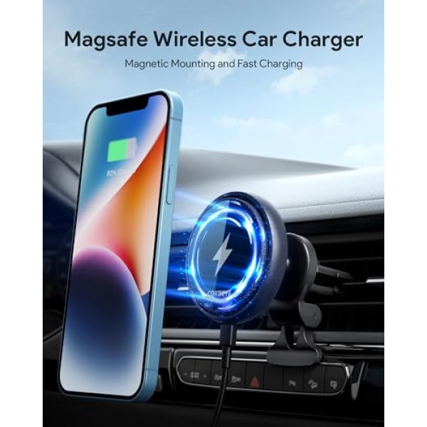 Magsafe 차량용 마운트 충전기 15W 자기 무선 차량용 충전기 COKOEYE(에어 벤트 마운트 포함) iPhone 15/15 Pro/15 Plus/15 Pro Max/14/14 Pro/14 Pro Max/13/13 Pro/13 ProMax/12Pro/12ProMax와 호환 