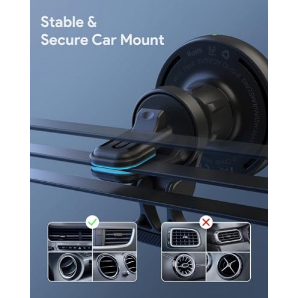 Magsafe 차량용 마운트 충전기 15W 자기 무선 차량용 충전기 COKOEYE(에어 벤트 마운트 포함) iPhone 15/15 Pro/15 Plus/15 Pro Max/14/14 Pro/14 Pro Max/13/13 Pro/13 ProMax/12Pro/12ProMax와 호환 