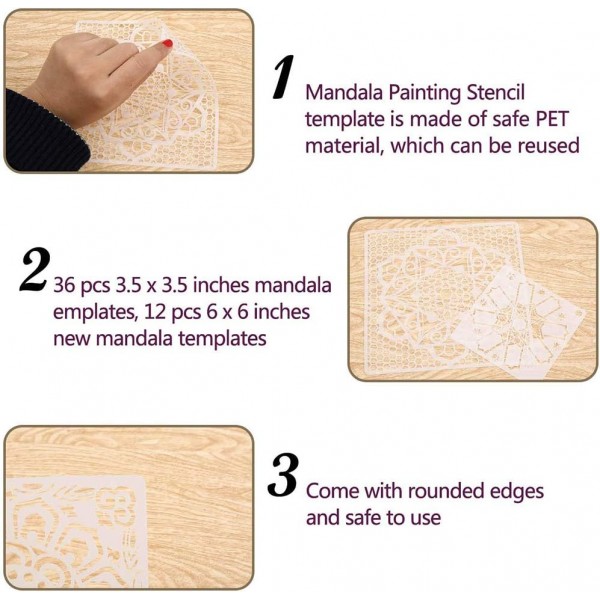 CDIYTOOL 48 Pcs 만다라 스텐실, 재사용 가능한 페인팅 스텐실 타일 템플릿 DIY DIY 록 우드 벽 도트 페인팅 아트 프로젝트 도어 테이블 창 록스 벽 아트 스크랩북