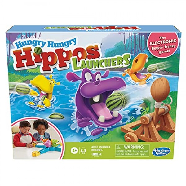 Hasbro Gaming Hungry Hungry Hippos 런처 게임(4세 이상 어린이용), 2-4인용 전자 유치원 게임