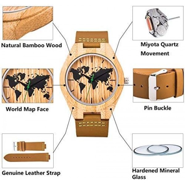 Sentai 나무 시계 아날로그 석영 대나무 나무 손목 시계지도 다이얼 케이스 남성 & 여성용 가죽 밴드 브라운