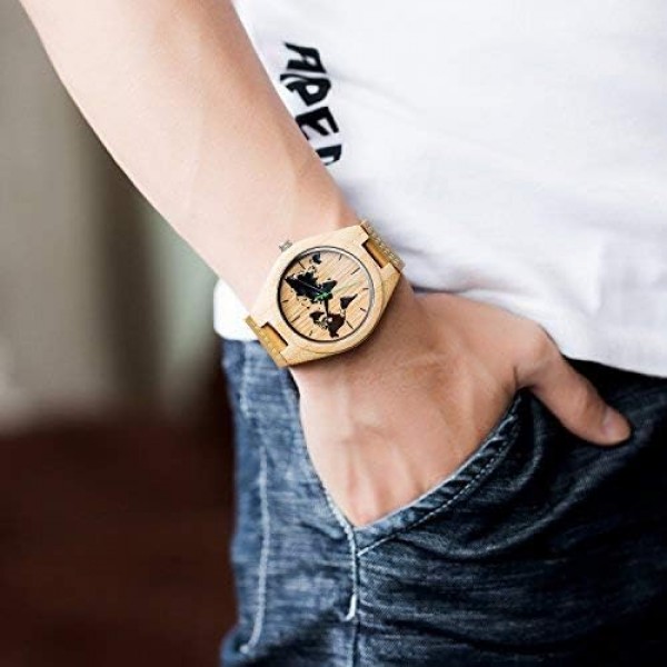 Sentai 나무 시계 아날로그 석영 대나무 나무 손목 시계지도 다이얼 케이스 남성 & 여성용 가죽 밴드 브라운