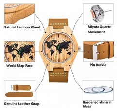 Sentai 나무 시계 아날로그 석영 대나무 나무 손목 시계지도 다이얼 케이스 남성 & 여성용 가죽 밴드 브라운