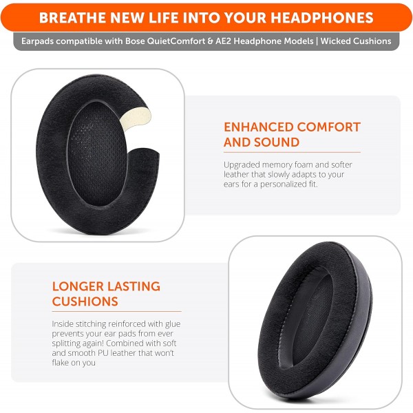 Bose 헤드폰용 WC Wicked 쿠션 교체용 벨루어 이어 패드 - QC25 / QC15 / QC2 / AE2 / AE2i / AE2W용 부드러운 벨루어, 고급스러운 메모리 폼, 추가 두께, 향상된 소음 차단 -