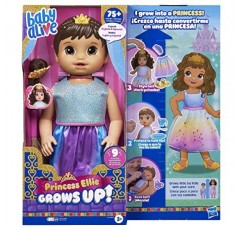 Baby Alive Princess Ellie가 자랍니다! 갈색 머리, 액세서리가 있는 대화형 인형, 3세 이상 남아용 장난감, 18인치