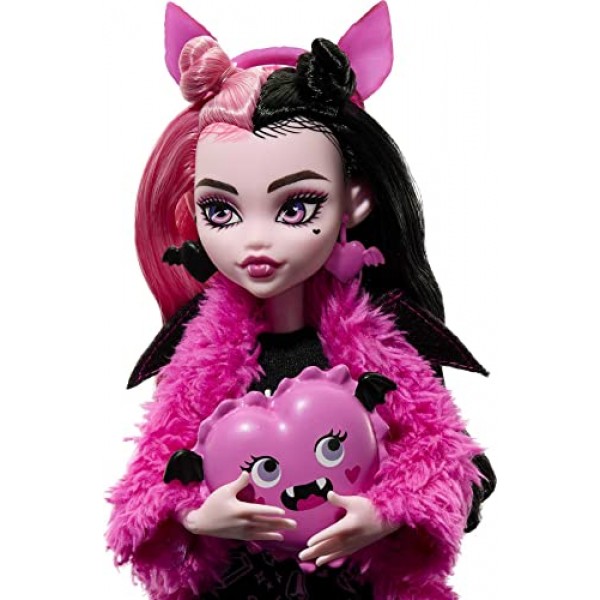 Monster High Doll, Draculaura Creepover Party Set with Pet Bat Count Fabulous, 잠옷 의류 및 액세서리, 색상 및 장식은 다를 수 있습니다.