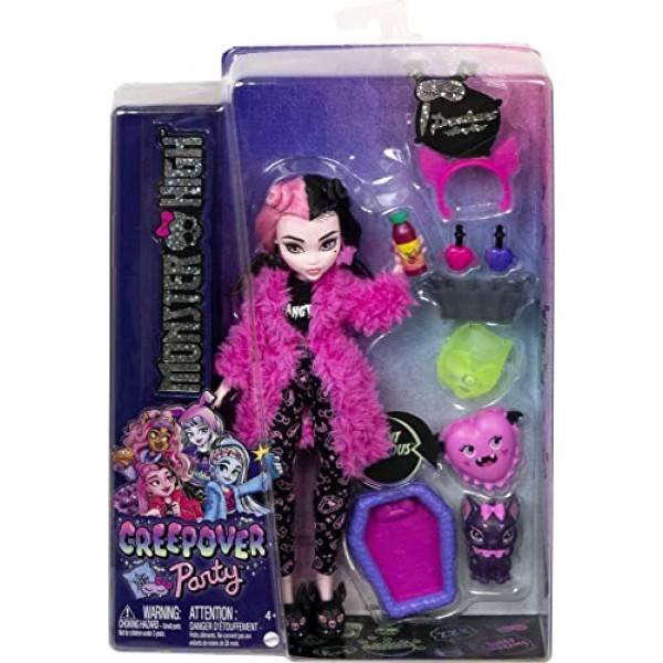 Monster High Doll, Draculaura Creepover Party Set with Pet Bat Count Fabulous, 잠옷 의류 및 액세서리, 색상 및 장식은 다를 수 있습니다.