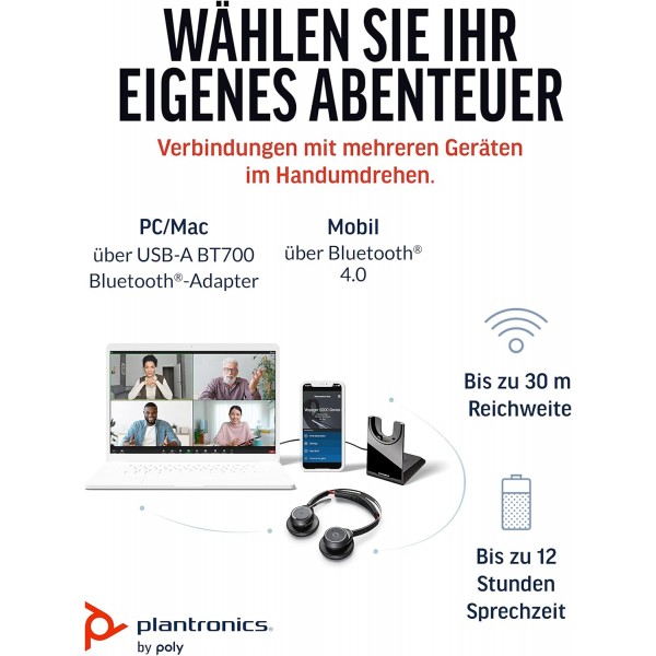 Poly Voyager Focus UC 무선 헤드폰 + 충전 스테이션(Plantronics), 잡음 감소 기능이 있는 마이크, 능동형 잡음 제거(ANC), Bluetooth를 통한 PC/Mac/휴대폰 - Teams, Zoom 등 Premium Communicat