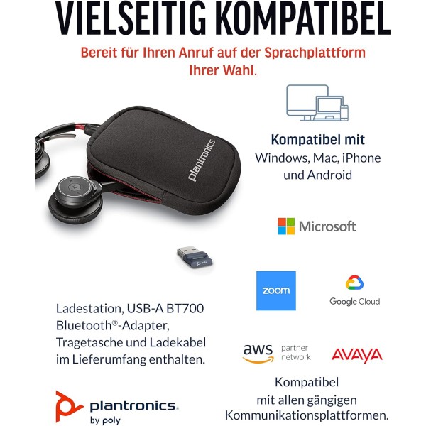 Poly Voyager Focus UC 무선 헤드폰 + 충전 스테이션(Plantronics), 잡음 감소 기능이 있는 마이크, 능동형 잡음 제거(ANC), Bluetooth를 통한 PC/Mac/휴대폰 - Teams, Zoom 등 Premium Communicat