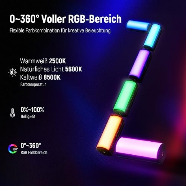 NEEWER 마그네틱 휴대용 라이트 스틱, 2500mAh 충전식 배터리가 포함된 360° 풀 RGB 미니 LED 비디오 라이트 스틱, 사진, TikTok, YouTube, Vlog, TL96RGB용 2500K-8500K 조광 가능 카메라 