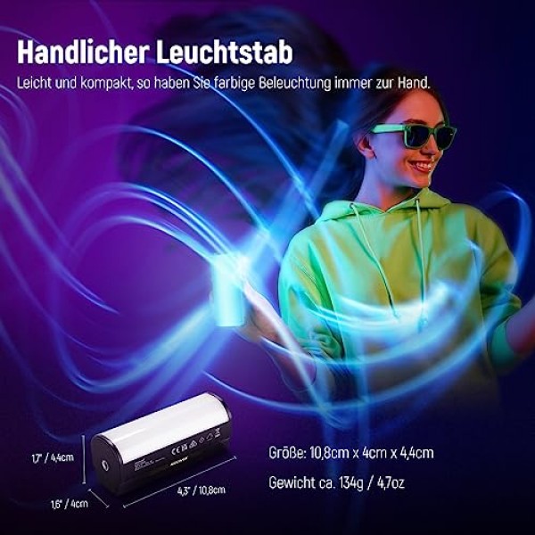 NEEWER 마그네틱 휴대용 라이트 스틱, 2500mAh 충전식 배터리가 포함된 360° 풀 RGB 미니 LED 비디오 라이트 스틱, 사진, TikTok, YouTube, Vlog, TL96RGB용 2500K-8500K 조광 가능 카메라 