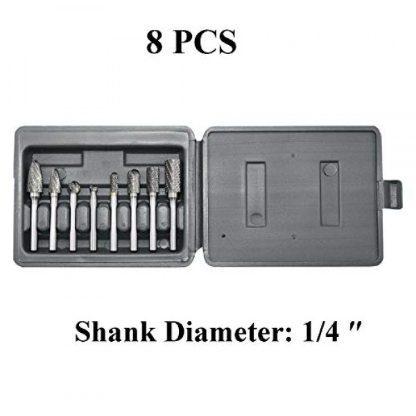 카바이드 버 세트 8pcs 1/4''섕크 더블 컷 솔리드 전동 공구 텅스텐 카바이드 로타리 파일 다이 그라인더용 비트 금속 나무 조각 조각 연마 드릴링 그라인딩 밀링 절단