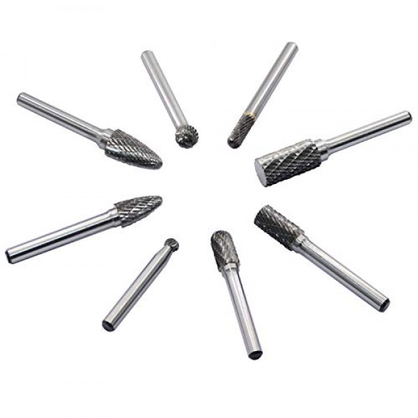 카바이드 버 세트 8pcs 1/4''섕크 더블 컷 솔리드 전동 공구 텅스텐 카바이드 로타리 파일 다이 그라인더용 비트 금속 나무 조각 조각 연마 드릴링 그라인딩 밀링 절단