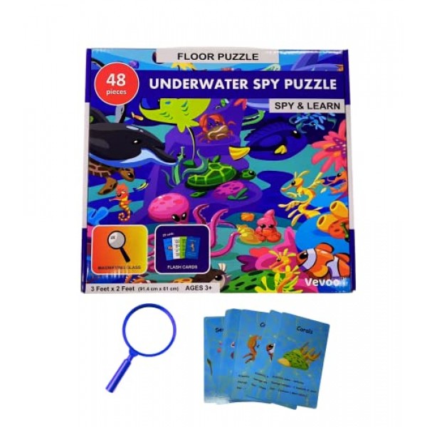 플래시카드와 돋보기가 포함된 수중 스파이 퍼즐(2피트 x 3피트) - 4~8세 어린이를 위한 대형 48피스 바닥 퍼즐 - 어린이 퍼즐 - 남학생과 여학생 3,4,5,6,7,8을 위한 교육 선