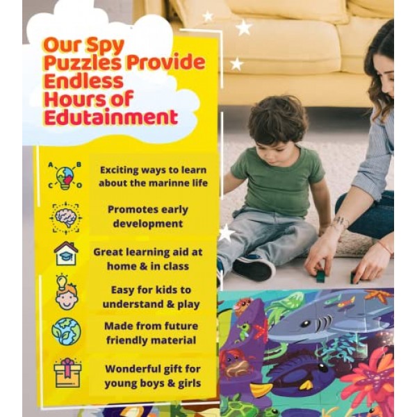 플래시카드와 돋보기가 포함된 수중 스파이 퍼즐(2피트 x 3피트) - 4~8세 어린이를 위한 대형 48피스 바닥 퍼즐 - 어린이 퍼즐 - 남학생과 여학생 3,4,5,6,7,8을 위한 교육 선