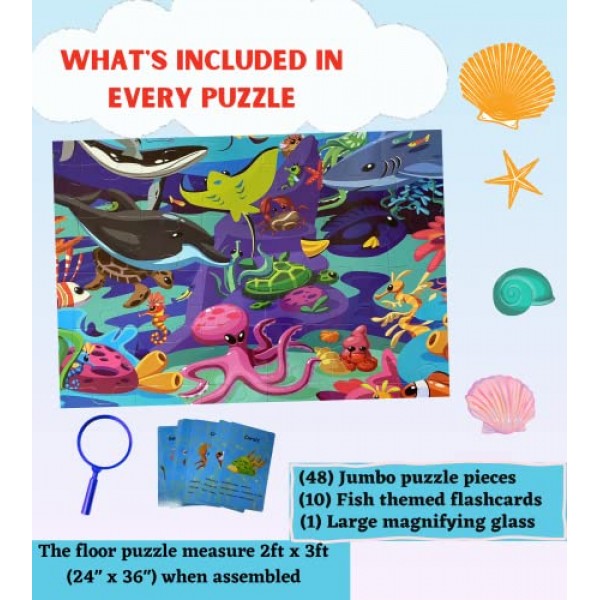 플래시카드와 돋보기가 포함된 수중 스파이 퍼즐(2피트 x 3피트) - 4~8세 어린이를 위한 대형 48피스 바닥 퍼즐 - 어린이 퍼즐 - 남학생과 여학생 3,4,5,6,7,8을 위한 교육 선