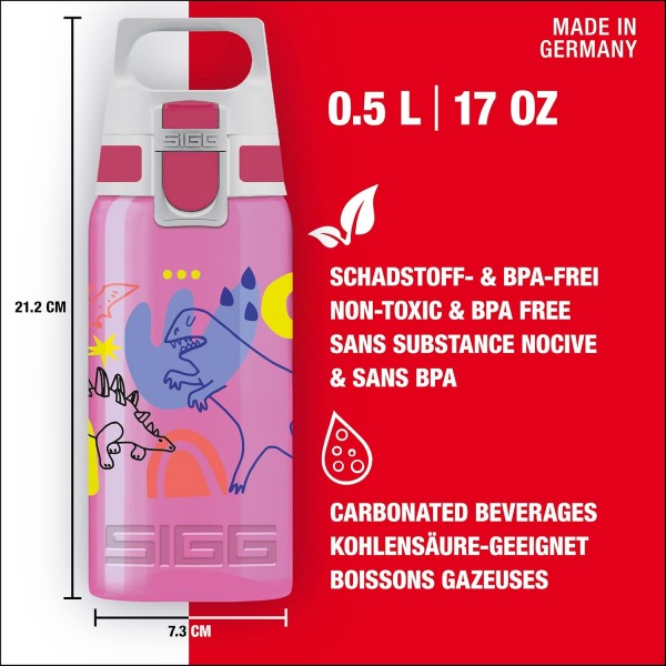 SIGG VIVA ONE 어린이용 물병(0.5L), 엎질러지지 않는 뚜껑이 있는 무독성 어린이용 물병, 폴리프로필렌 Dino Run으로 만든 경량 어린이용 물병
