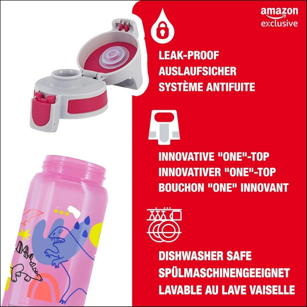 SIGG VIVA ONE 어린이용 물병(0.5L), 엎질러지지 않는 뚜껑이 있는 무독성 어린이용 물병, 폴리프로필렌 Dino Run으로 만든 경량 어린이용 물병