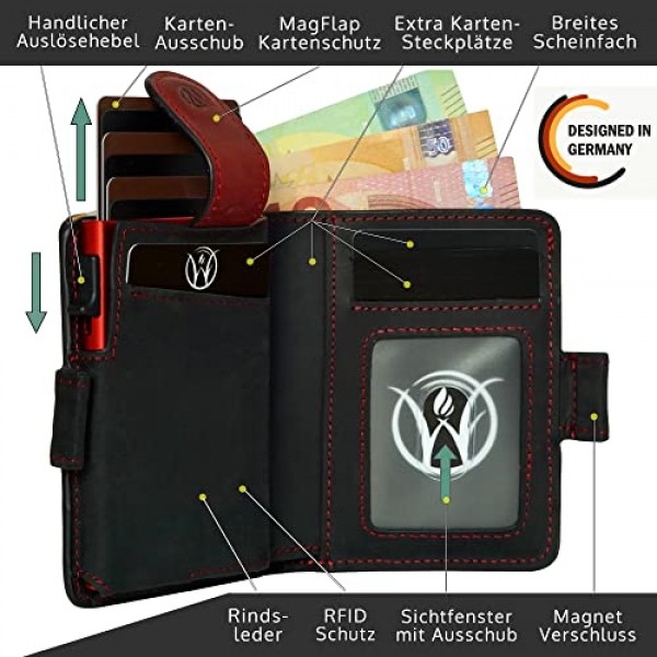 Will Fire® MagFlap 지갑 | 지폐와 동전 수납칸이 있는 카드 홀더 | 신용카드 소지자 | 남성 지갑 | 미니 지갑 | 지갑 10-12 카드 | RFID 보호 기능이 있는 지갑, 블랙-레드, 캐주