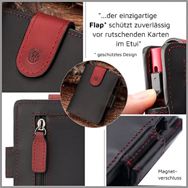 Will Fire® MagFlap 지갑 | 지폐와 동전 수납칸이 있는 카드 홀더 | 신용카드 소지자 | 남성 지갑 | 미니 지갑 | 지갑 10-12 카드 | RFID 보호 기능이 있는 지갑, 블랙-레드, 캐주