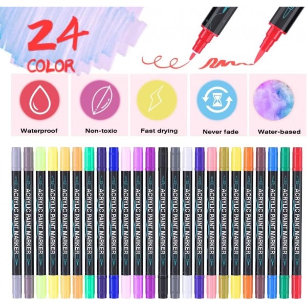 TrendGate 24색 아크릴 펜, 방수, 페인팅 스톤용 양면 펜, 방수, 목재용 아크릴 펜, 캔버스, 유리, 종이, 도자기, 부활절 달걀, 장식, DIY 사진 앨범 등