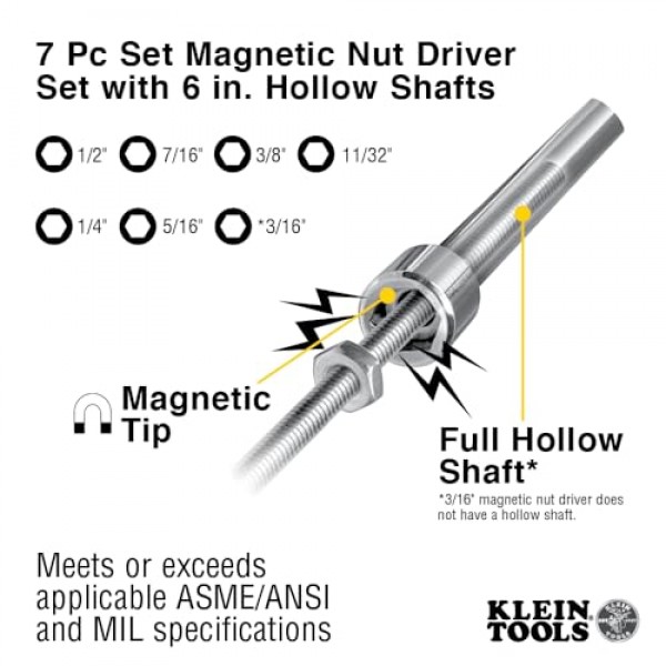 Klein Tools 647M 공구 세트, 자석 너트 드라이버 크기 3/16, 1/4, 5/16, 11/32, 3/8, 7/16, 1/2인치, 6인치 중공축, 7피스