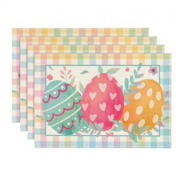Artoid 모드 버팔로 격자 무늬 잎 꽃 계란 부활절 Placemats 파티 주방 식사 장식을위한 4, 12x18 인치 계절 봄 테이블 매트 세트