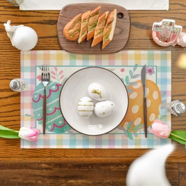 Artoid 모드 버팔로 격자 무늬 잎 꽃 계란 부활절 Placemats 파티 주방 식사 장식을위한 4, 12x18 인치 계절 봄 테이블 매트 세트