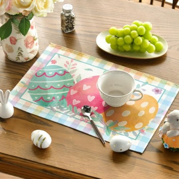 Artoid 모드 버팔로 격자 무늬 잎 꽃 계란 부활절 Placemats 파티 주방 식사 장식을위한 4, 12x18 인치 계절 봄 테이블 매트 세트
