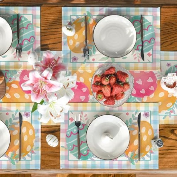 Artoid 모드 버팔로 격자 무늬 잎 꽃 계란 부활절 Placemats 파티 주방 식사 장식을위한 4, 12x18 인치 계절 봄 테이블 매트 세트
