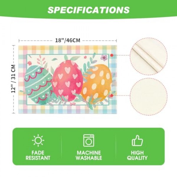 Artoid 모드 버팔로 격자 무늬 잎 꽃 계란 부활절 Placemats 파티 주방 식사 장식을위한 4, 12x18 인치 계절 봄 테이블 매트 세트