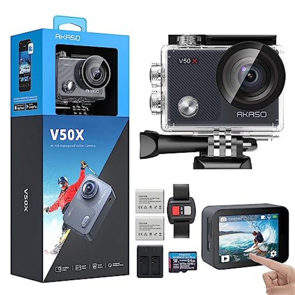 AKASO V50X 액션 캠 4K30FPS(64GB U3 메모리 카드 포함) 수중 카메라 WiFi 40M 얼음 손떨림 방지 액션 카메라 4X 줌(터치 스크린 원격 제어 포함) 스포츠 카메라 방수 하우징 헬멧