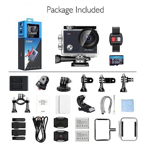 AKASO V50X 액션 캠 4K30FPS(64GB U3 메모리 카드 포함) 수중 카메라 WiFi 40M 얼음 손떨림 방지 액션 카메라 4X 줌(터치 스크린 원격 제어 포함) 스포츠 카메라 방수 하우징 헬멧